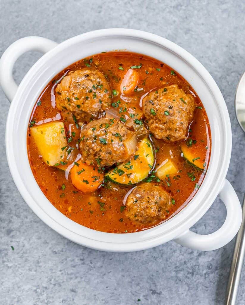 top view of a bowl that has Mexican meatball soup