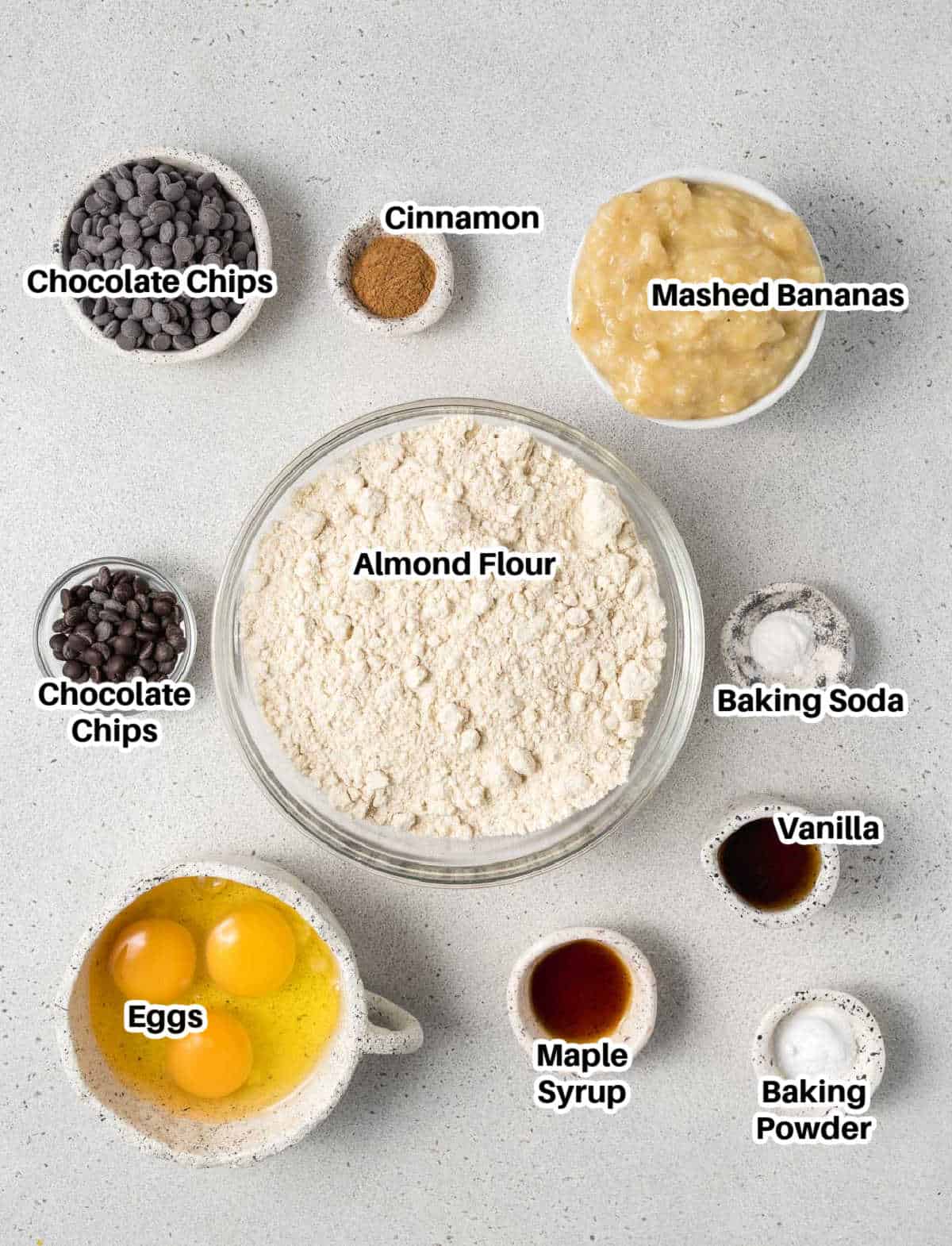 ingredients to make banana muffins using almond flour.