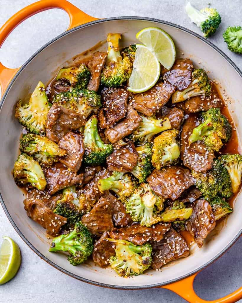 top view broccoli and beef stir fry 