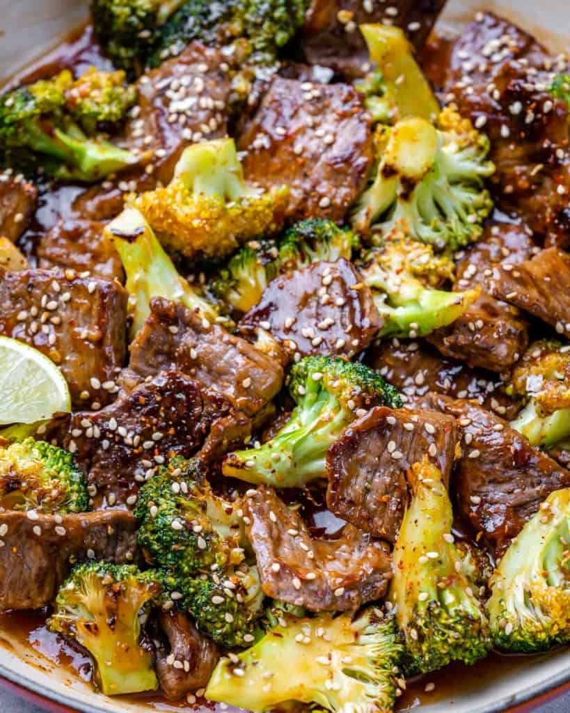 close up broccoli and beef stir fry 