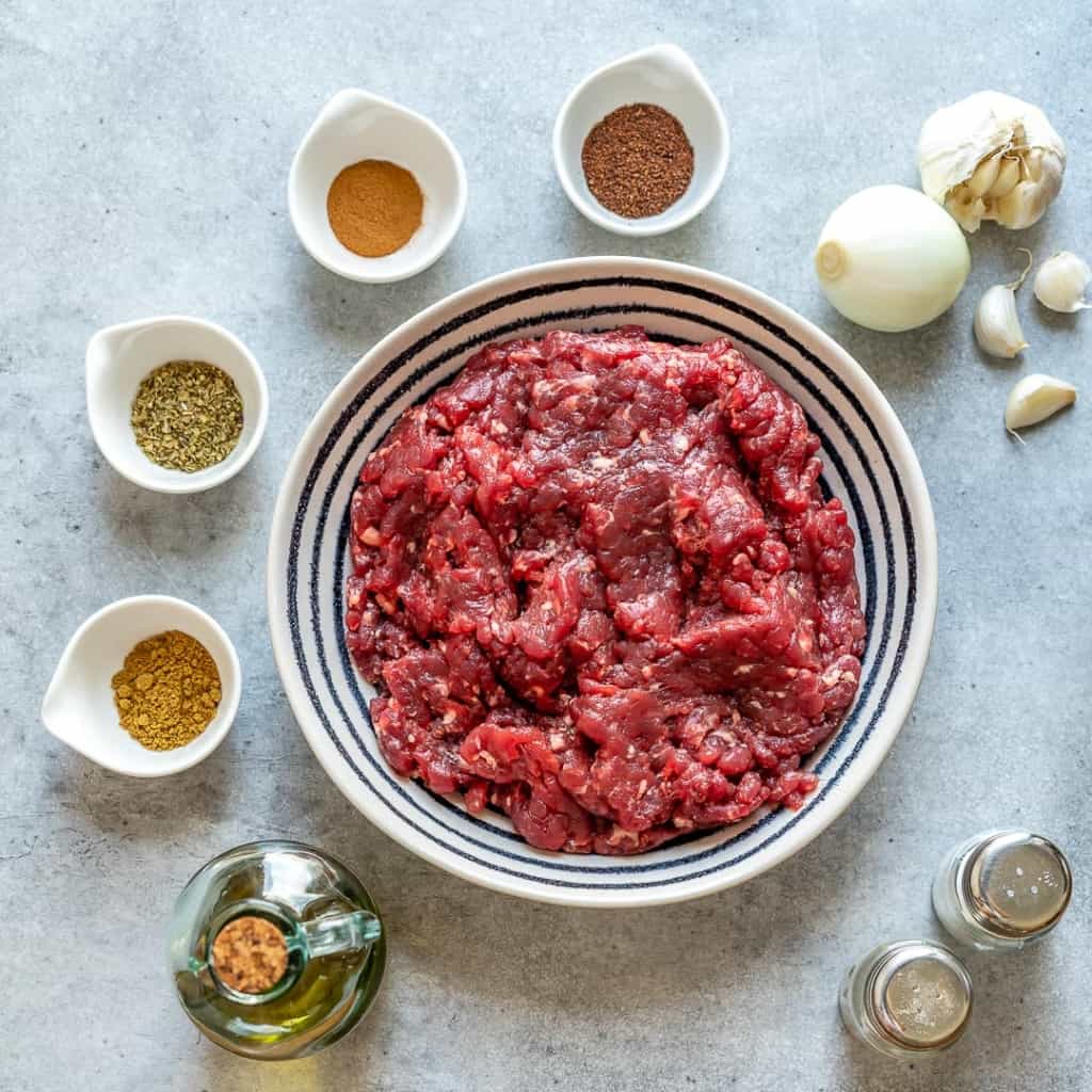 top view ingredients for beef kafta 