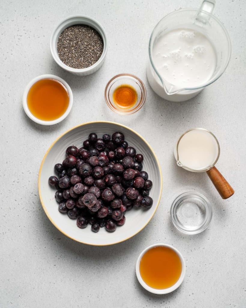 Blueberries, milk, honey, chia seeds and vanilla divided into small portions.