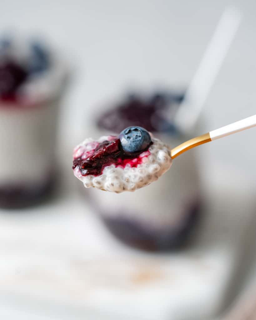 Spoonful of coconut chia pudding with a blueberry on top.