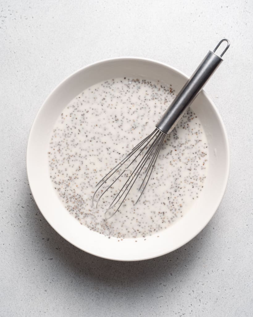 Chia seed pudding mixed in a white bowl.
