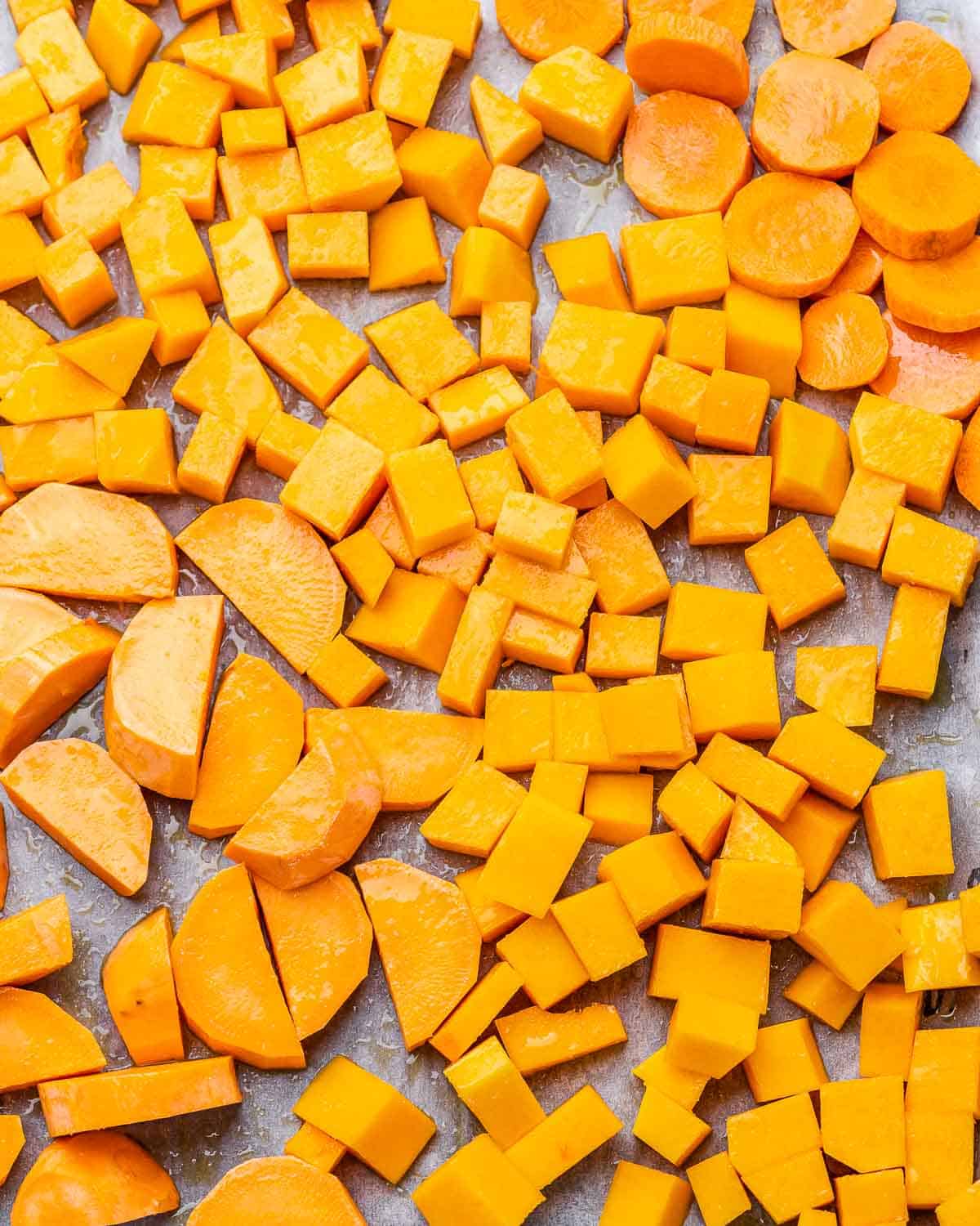chopped butternut squash on a sheet pan