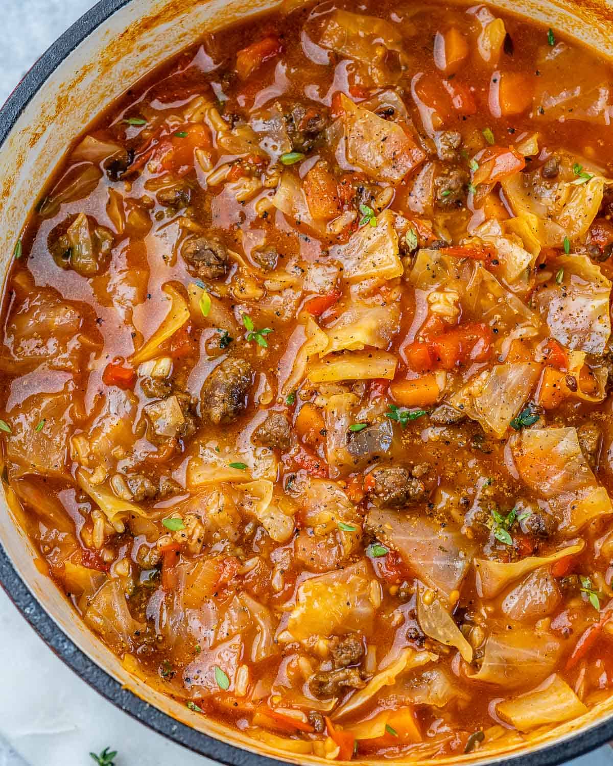 Dutch oven with finished cabbage roll soup.