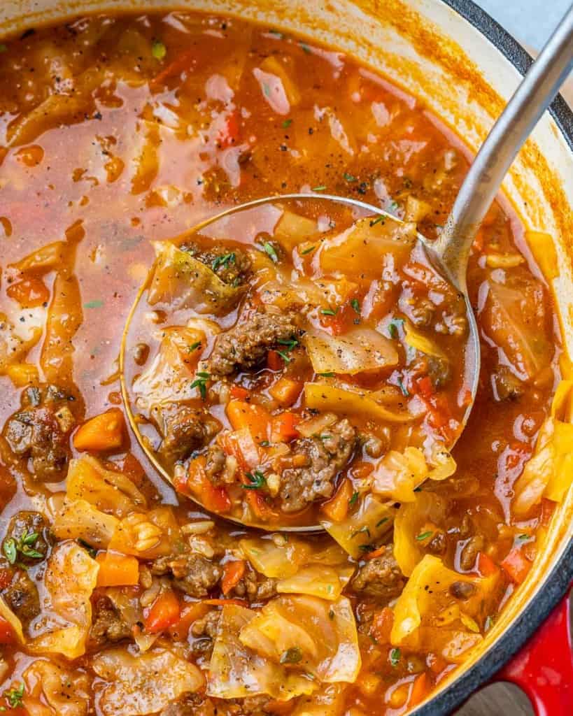 close up spoonful of cabbage soup