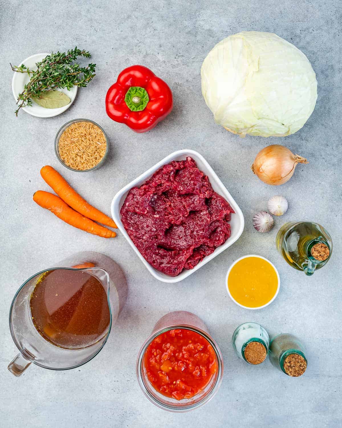 Ingredients for cabbage roll soup on counter.