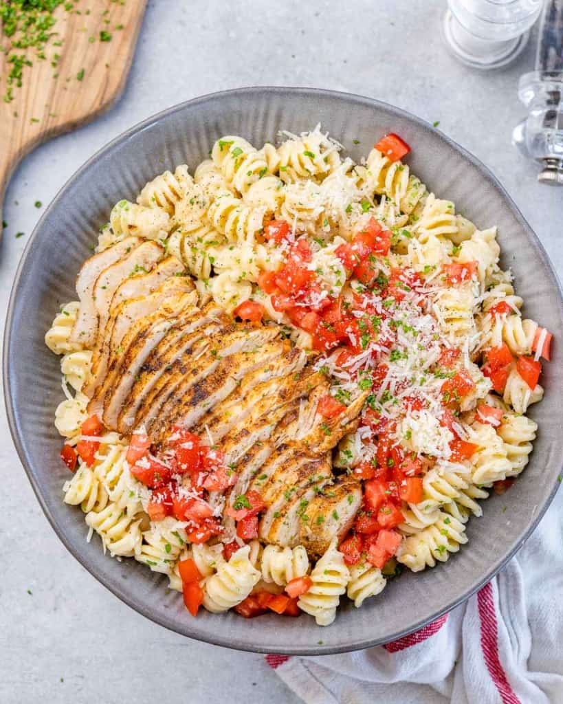 chicken pasta in a gray dish