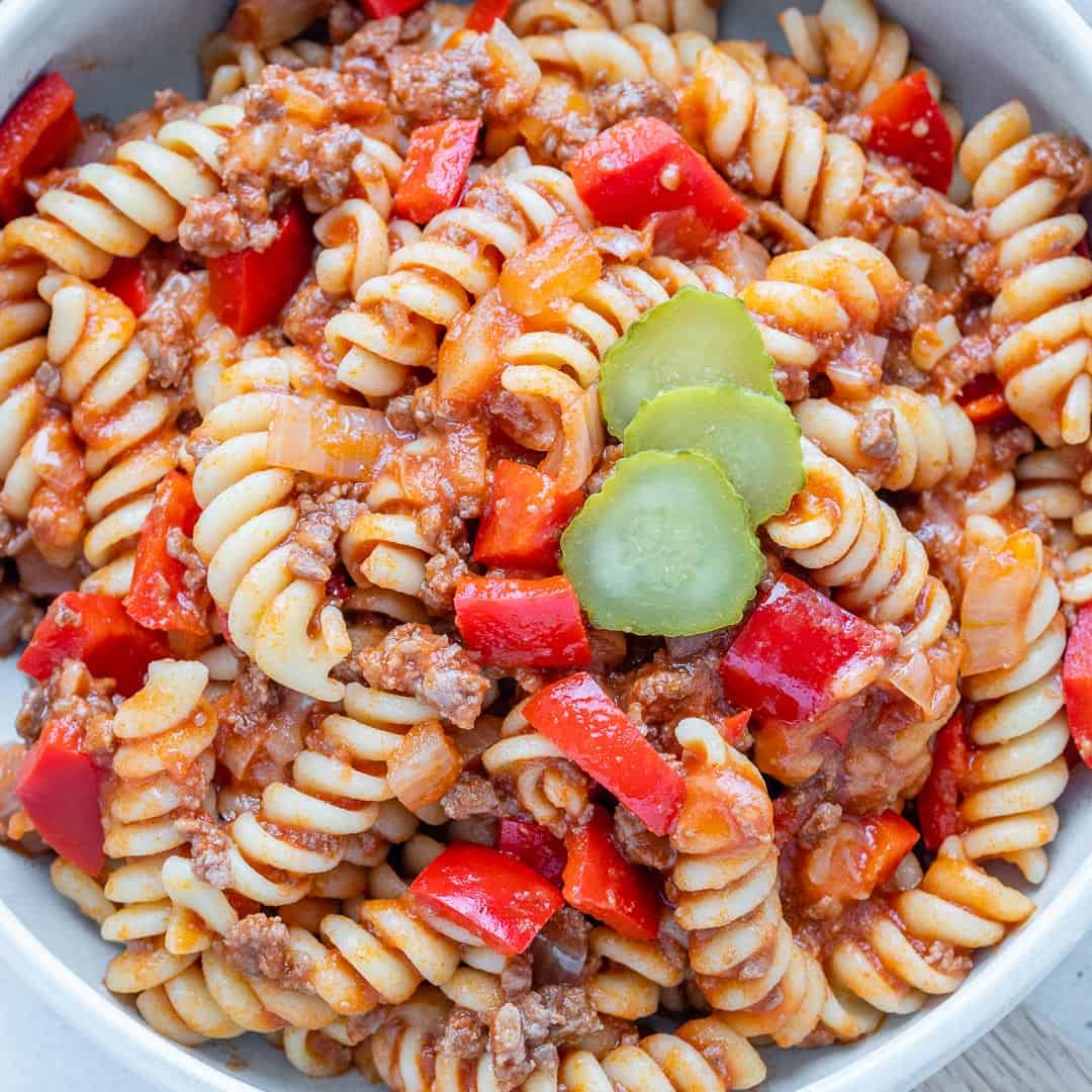 close up top view of beef pasta in a bowl