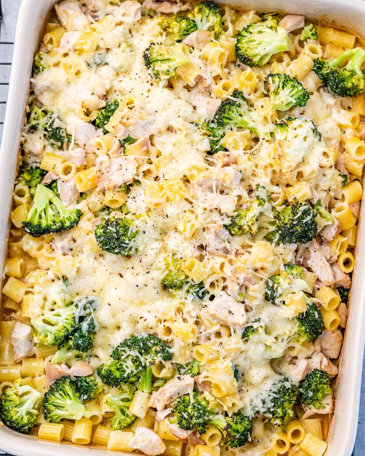 Baked chicken Alfredo pasta casserole.