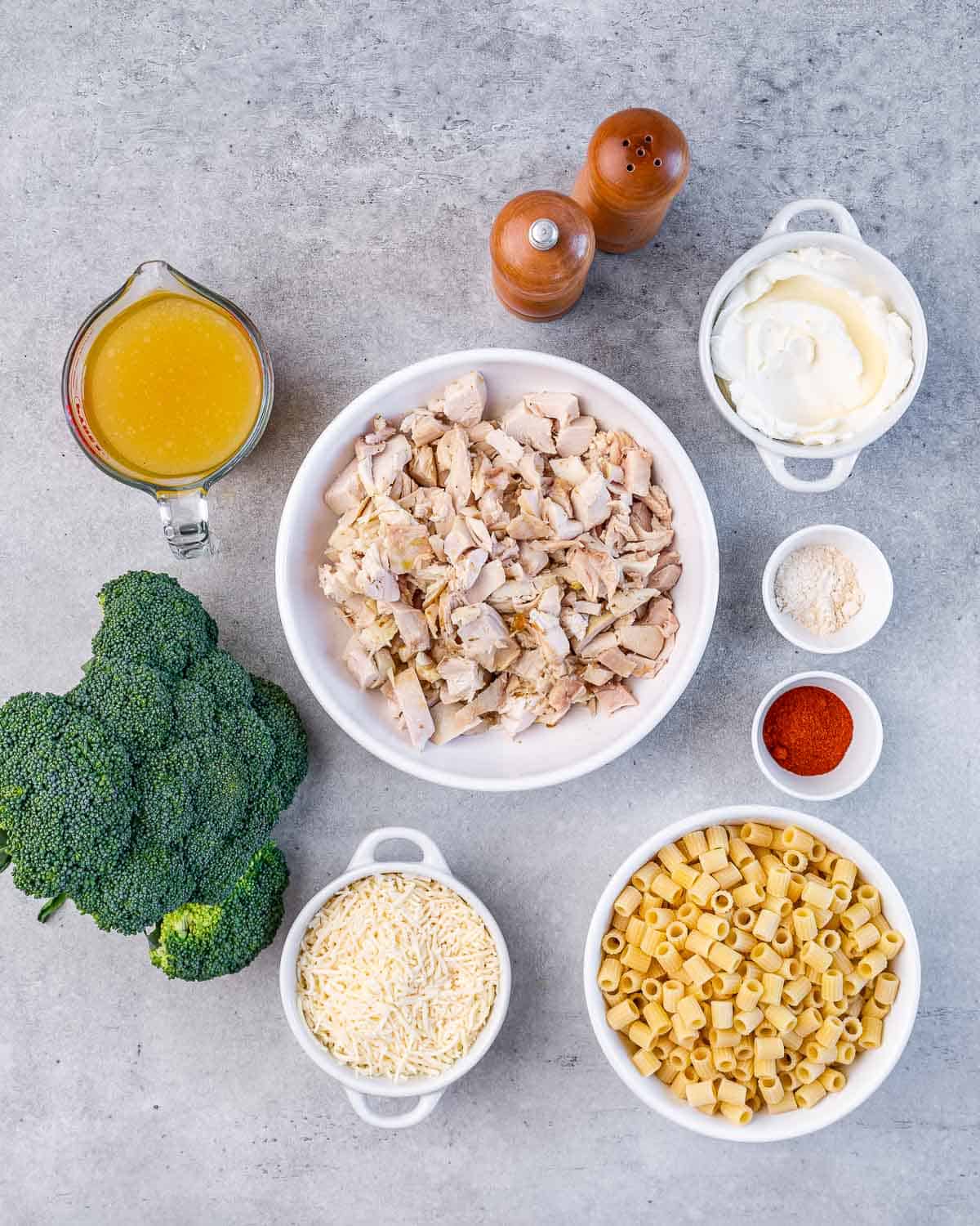 Diced chicken, broccoli, pasta, chicken stock, cream cheese, and spices.
