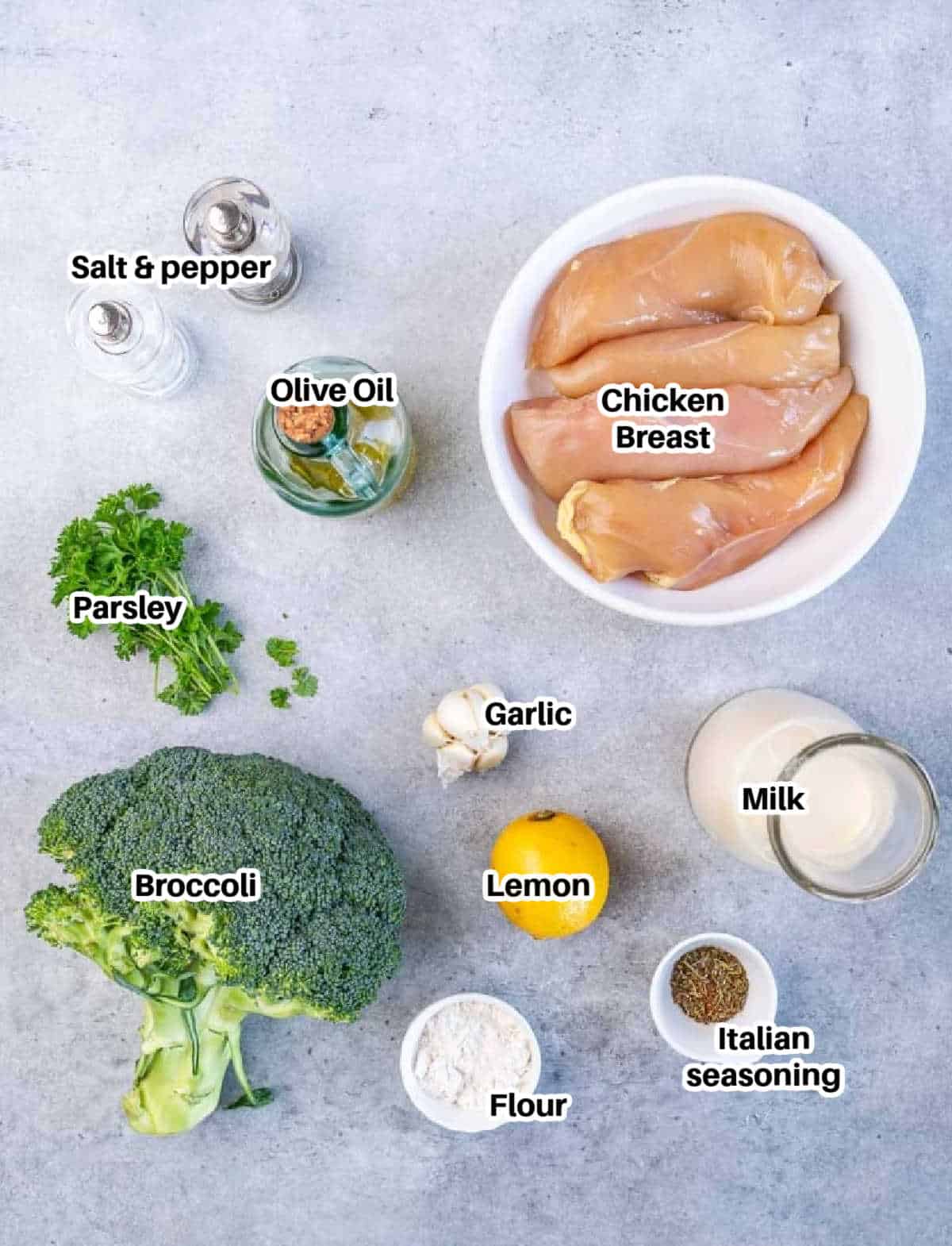 Creamy chicken and broccoli skillet ingredients.