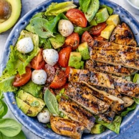 top view chicken salad in a blue bowl