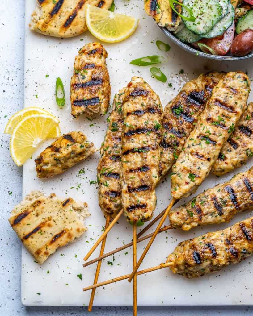 top view chicken kebab skewers 
