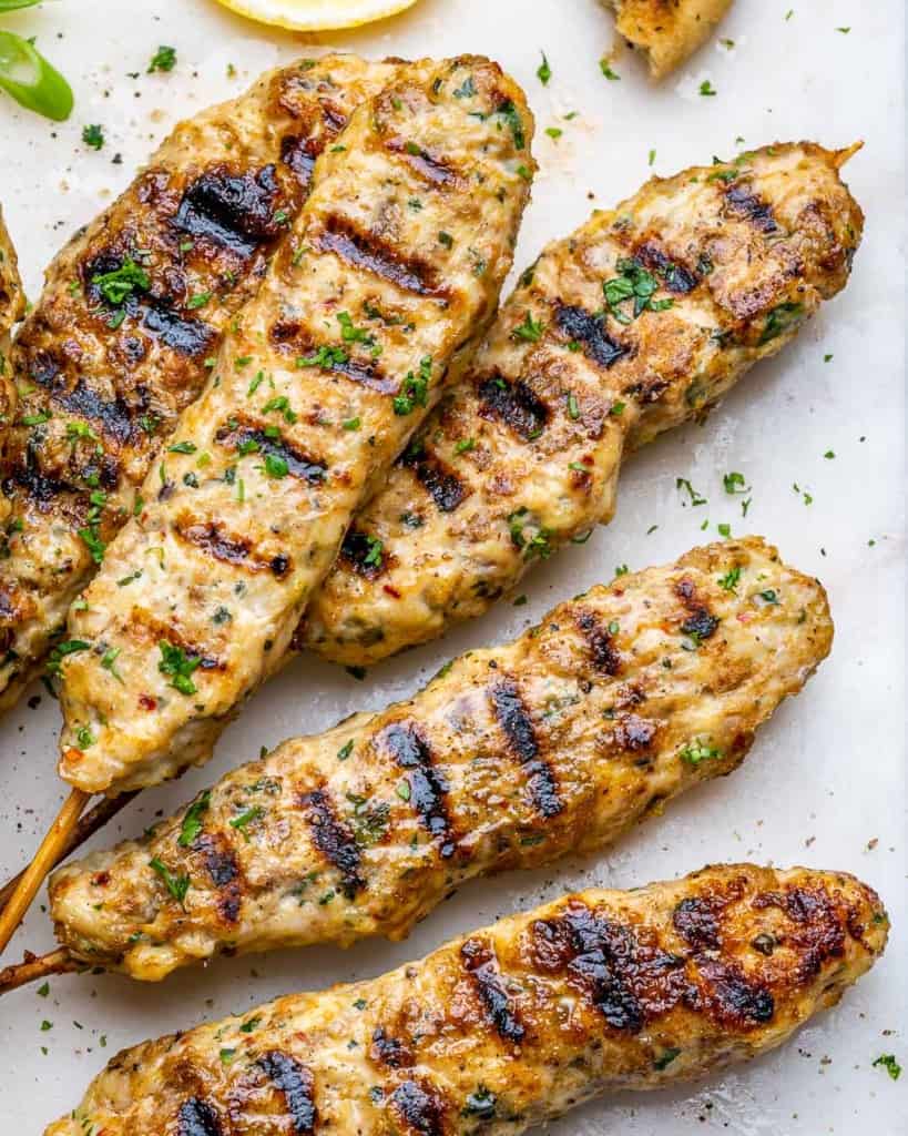 grilled chicken kafta on a white platter