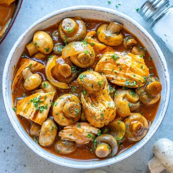 top view of chicken and mushroom in a bowl