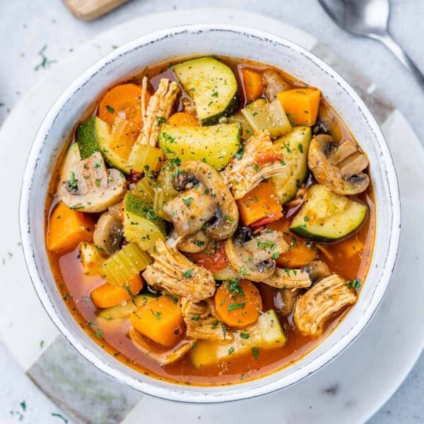 top view of vegetable soup in a white bowl