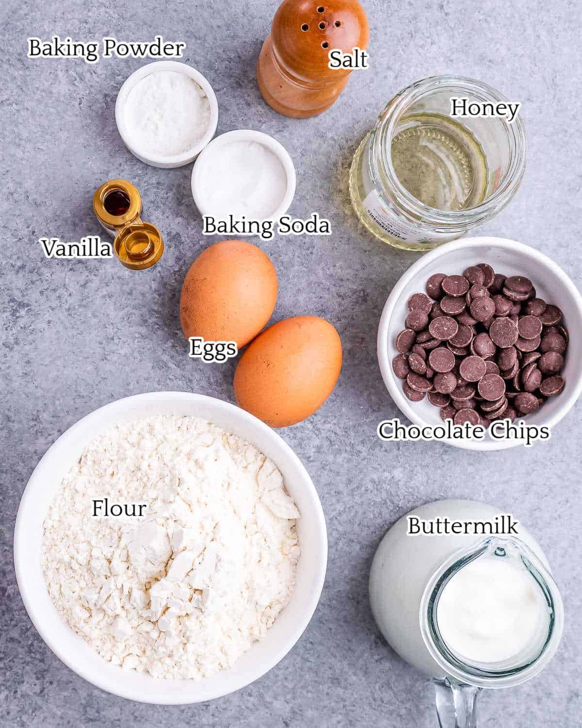 ingredients to make chocolate chip pancakes laid out.