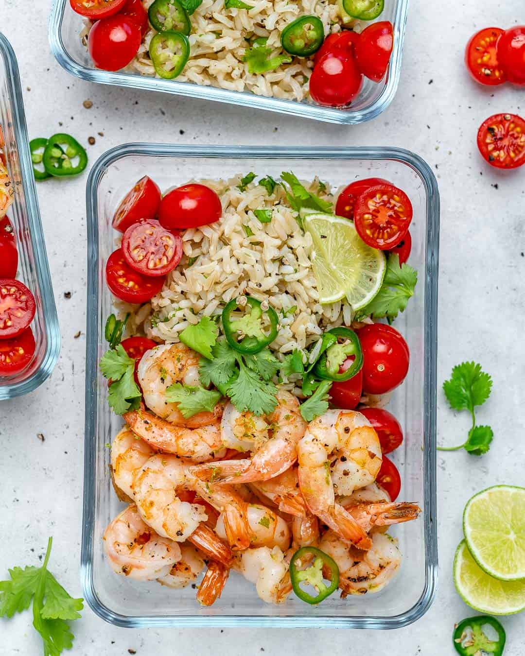 sauteed garlic shrimp recipe with brown rice and tomatoes.