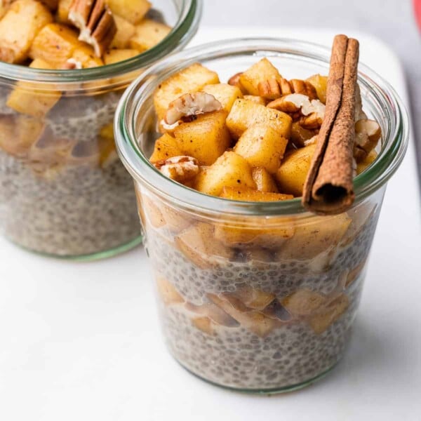 side shot of chia pudding topped with cinnamon apple chunks
