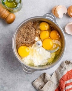 eggs, cottage cheese, and oil added over blended oats in a blender.