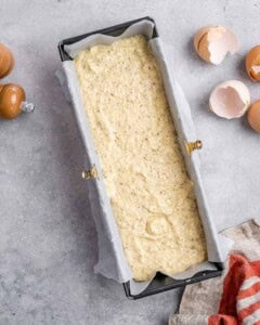 bread batter poured into the pan.