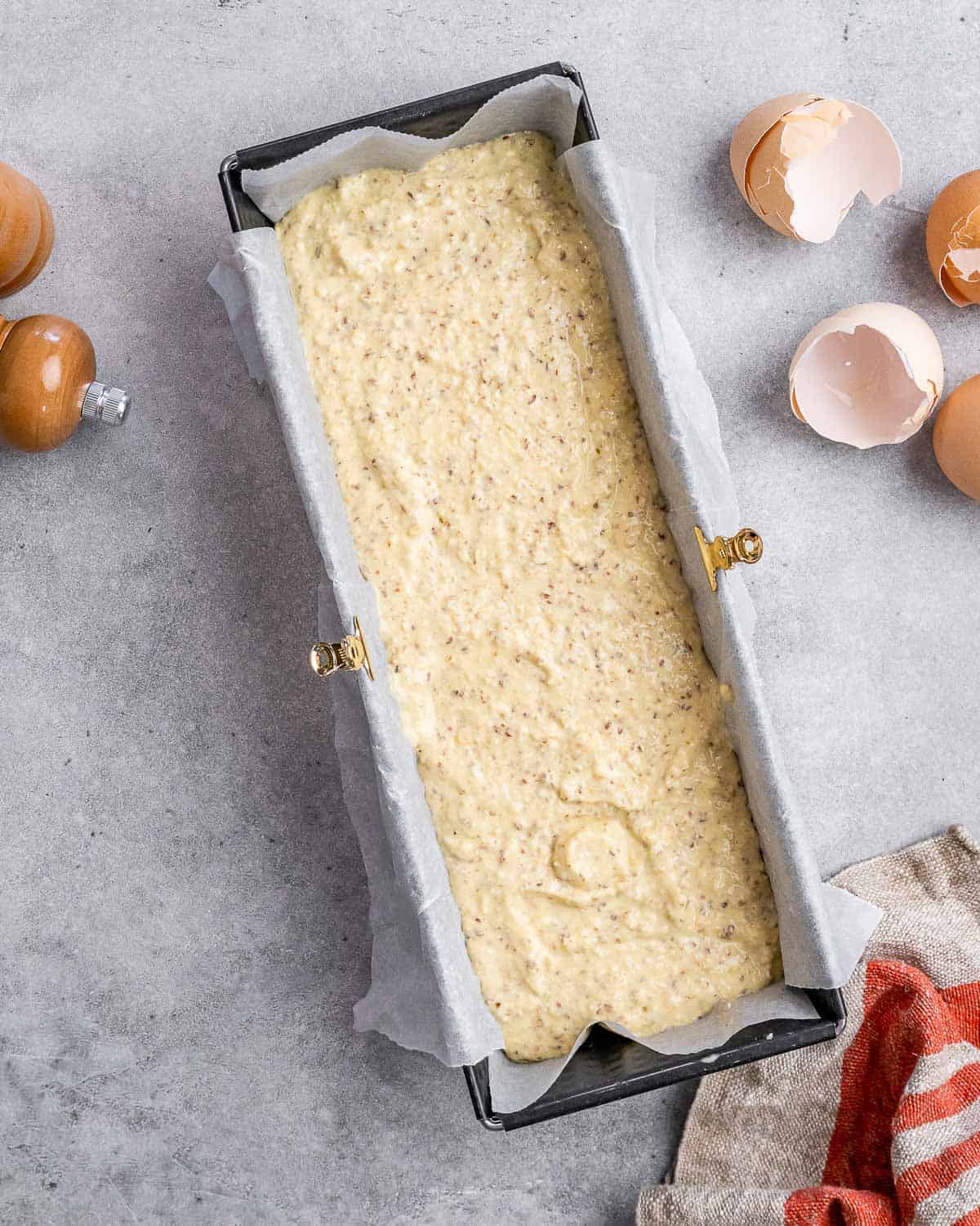 bread batter poured into the pan.