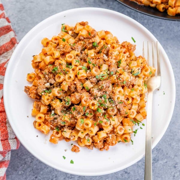 top view of a round white plate with short pasta with red sauce