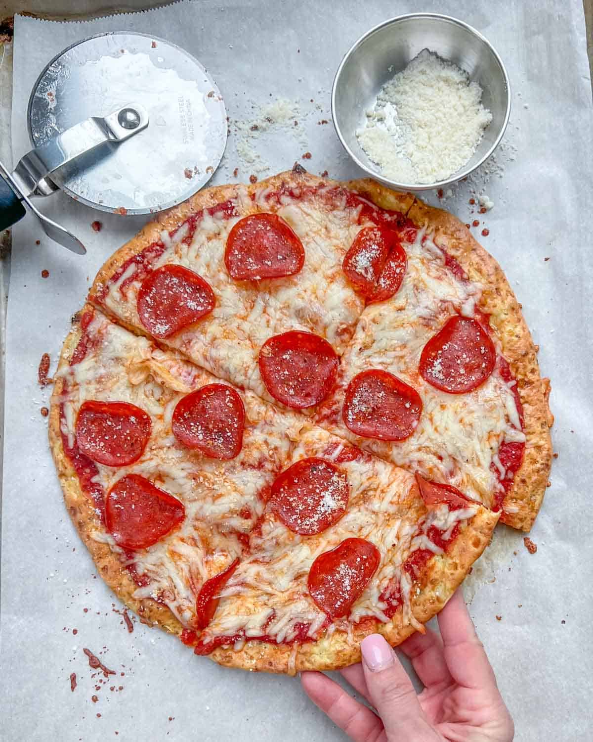hand grabbing a slice of pizza.