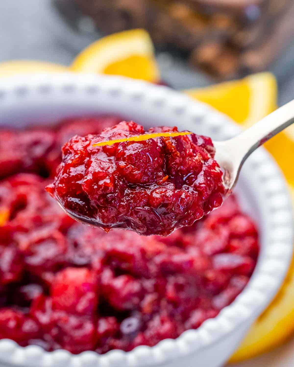 Spoonful of homemade cranberry sauce.