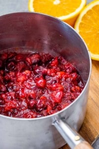 cooked cranberry sauce in pot.