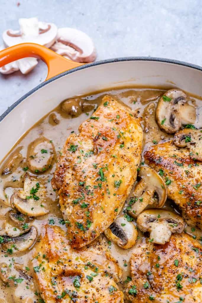 Close view of creamy balsamic chicken skillet with mushrooms