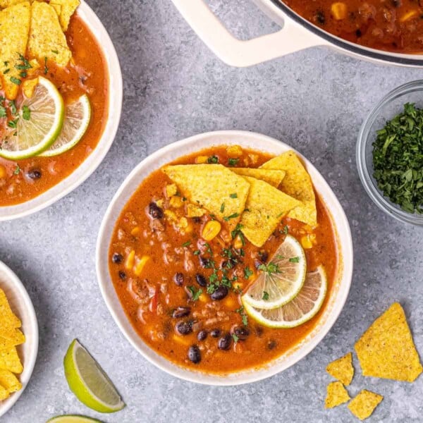top view of a bowl with beef enchilada soup