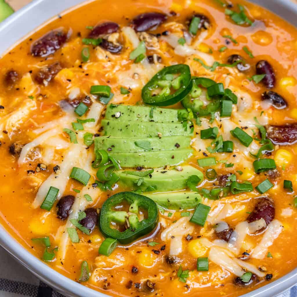 side view of chicken enchilada soup in a round bowl