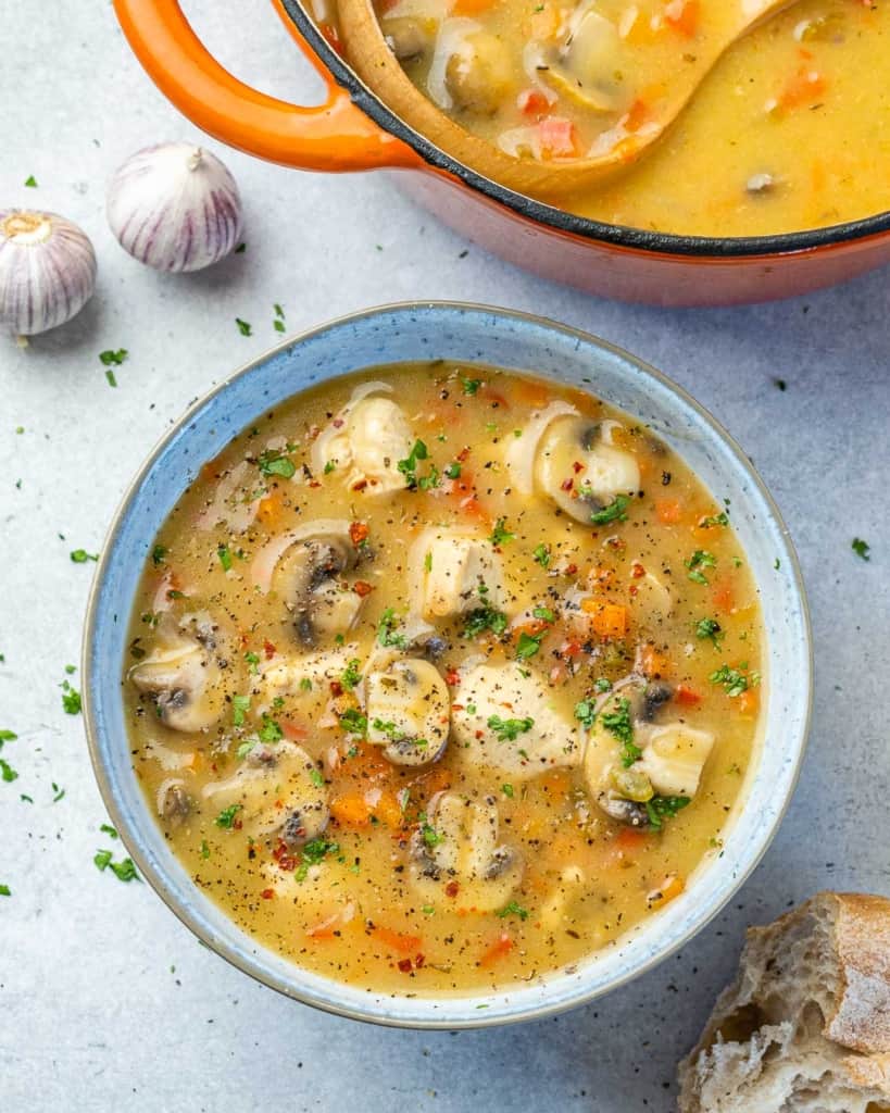 top view chicken mushroom soup
