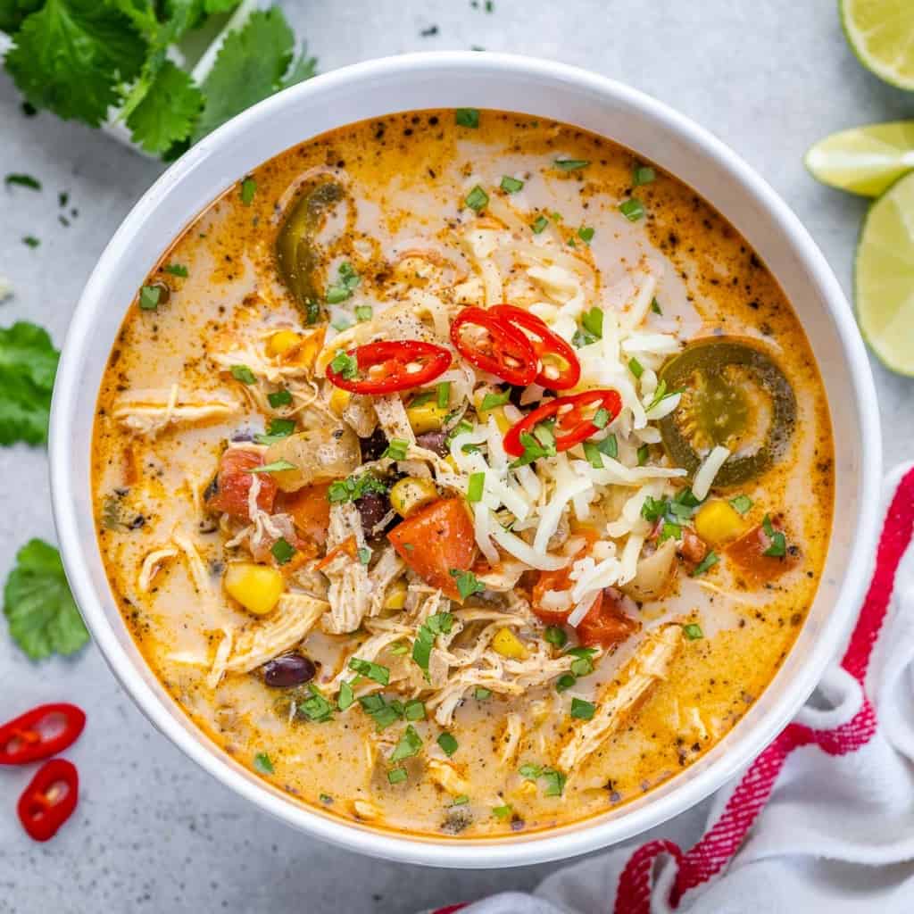top view of tortilla soup in a white bowl