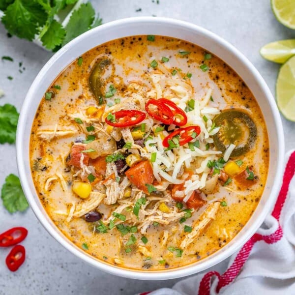 top view of tortilla soup in a white round bowl