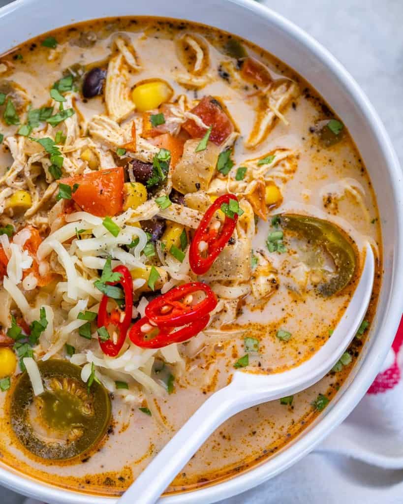top view close up tortilla soup recipe in a white bowl