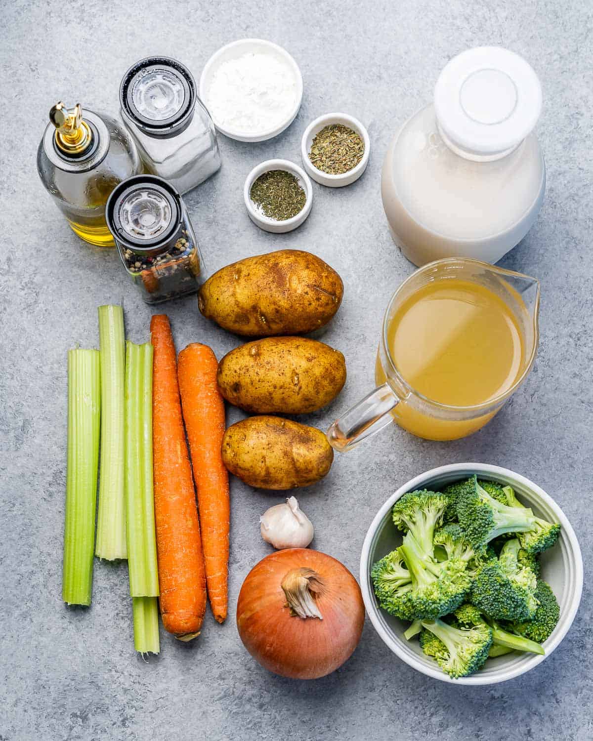 Potatoes, carrots, celery, broccoli, onion, garlic, broth and seasonings.