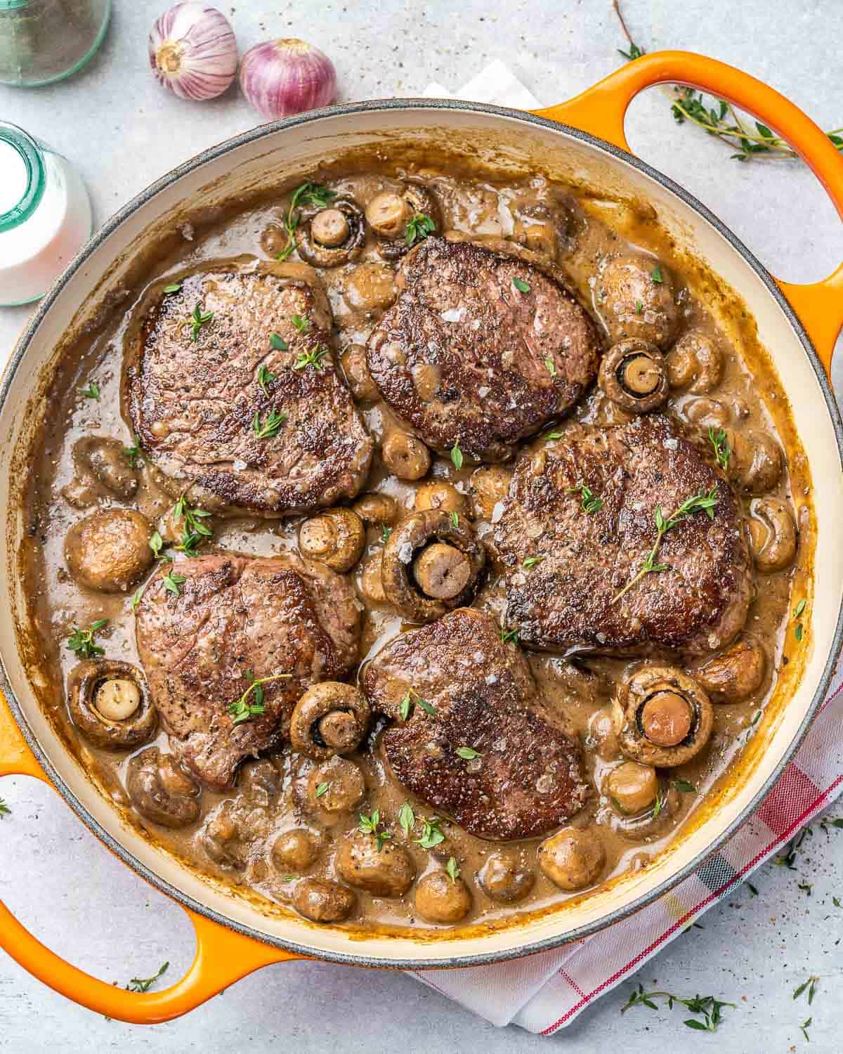 Top view of full skillet of filet steaks and mushroom sauce. 