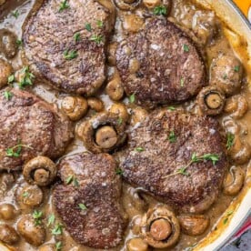 top view of steaks and mushroom in a pan
