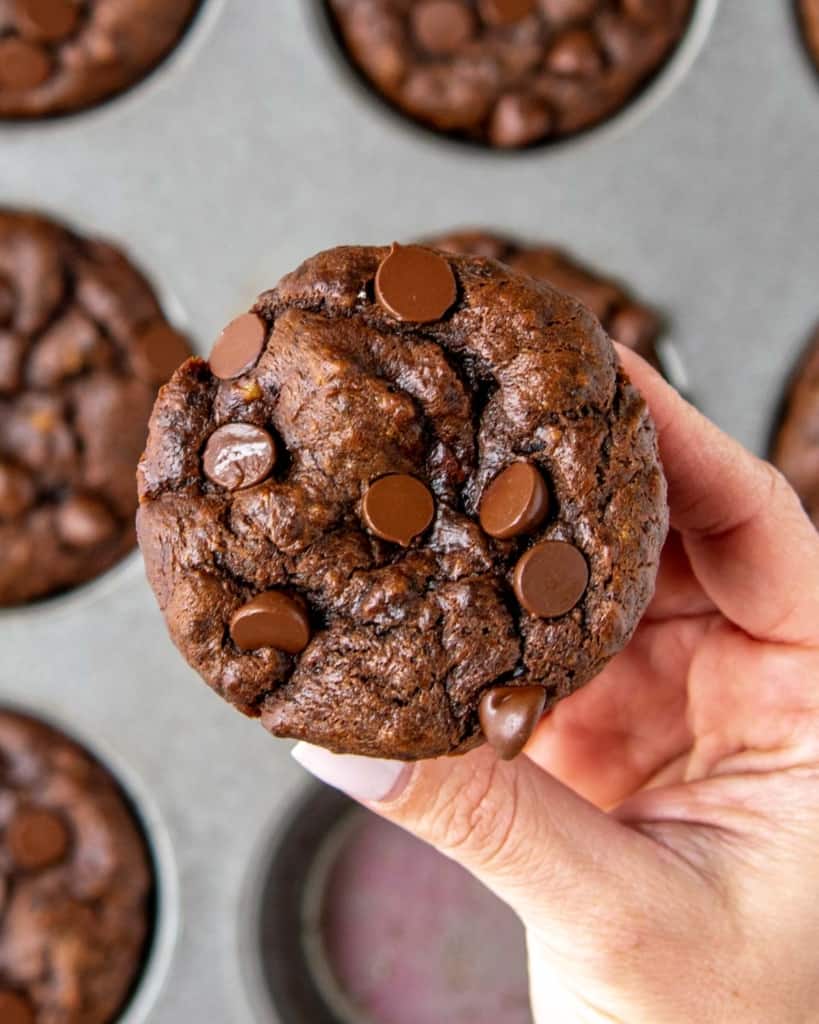 hand holding chocolate muffin