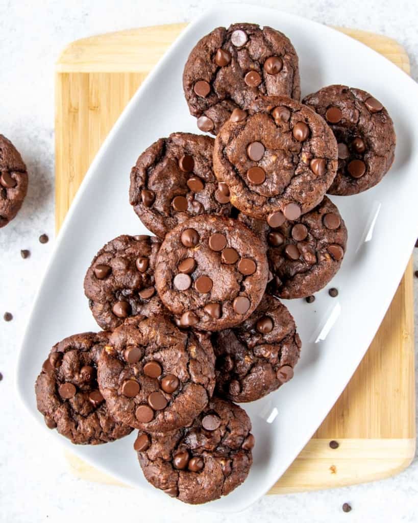 top view of chocolate muffins on a white plate