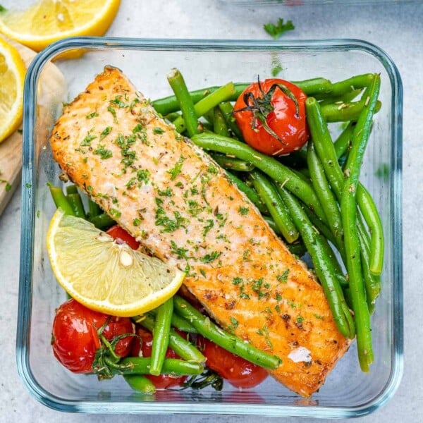 top view salmon green beans meal prep bowl