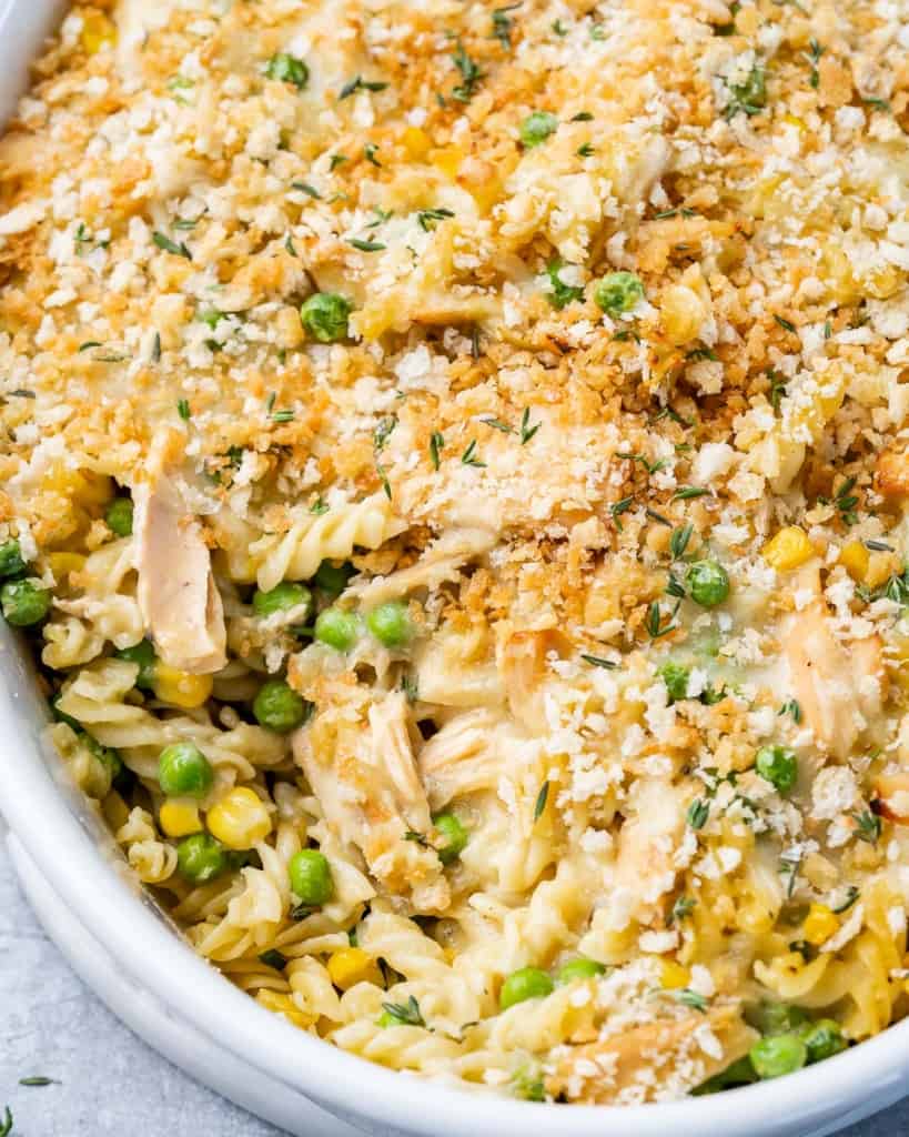 close up tuna casserole in a dish