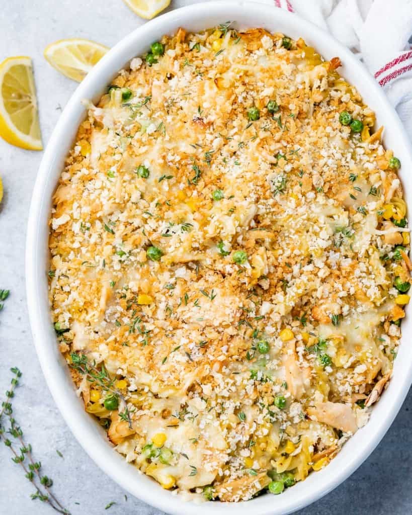 top view tuna casserole in a white dish