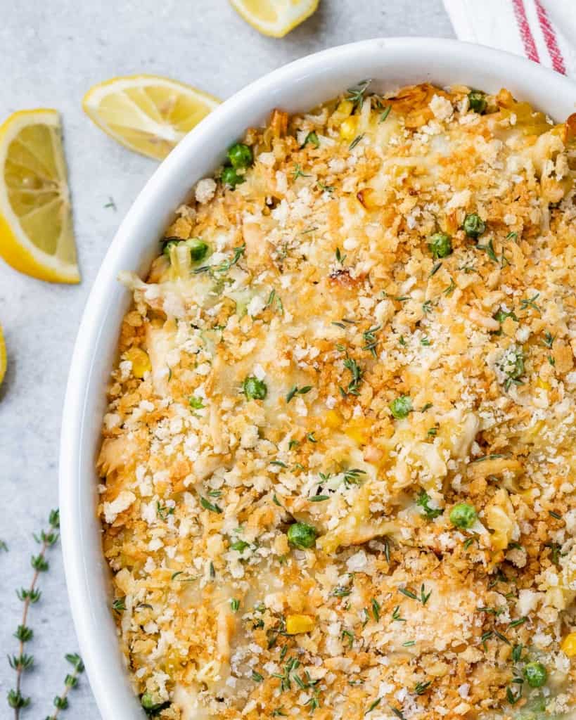 top view tuna casserole in a white dish