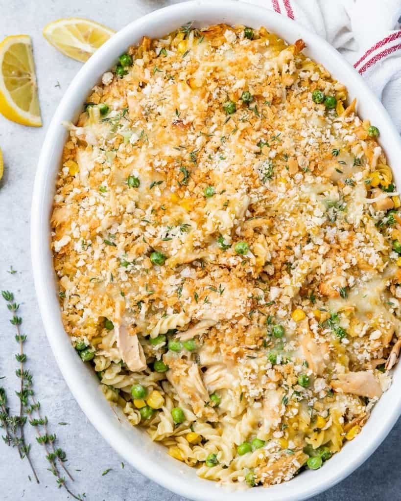 top view tuna casserole in a white baking dish