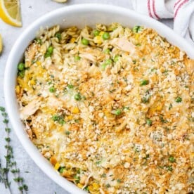 top view of tuna casserole in a white dish